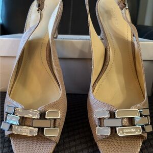 Brand New Never Worn Calvin Klein Tawny Old Patent Lizard Heels/Slingback.